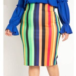 Eloqui Womens Pencil Skirt Striped Stretch Plus Size Neoprene Office Party